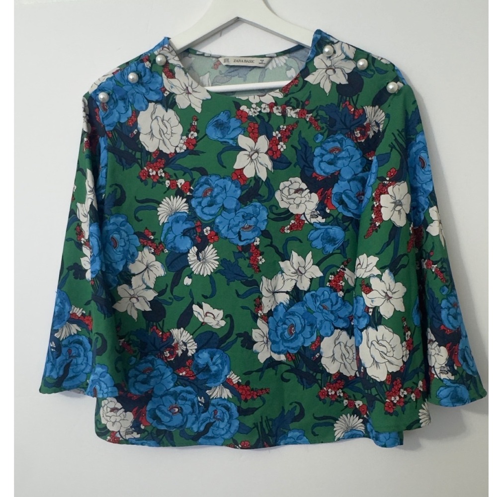Zara Basic Blouse Womens XS Green Floral Pearl Detail Bell Sleeve Top Boho